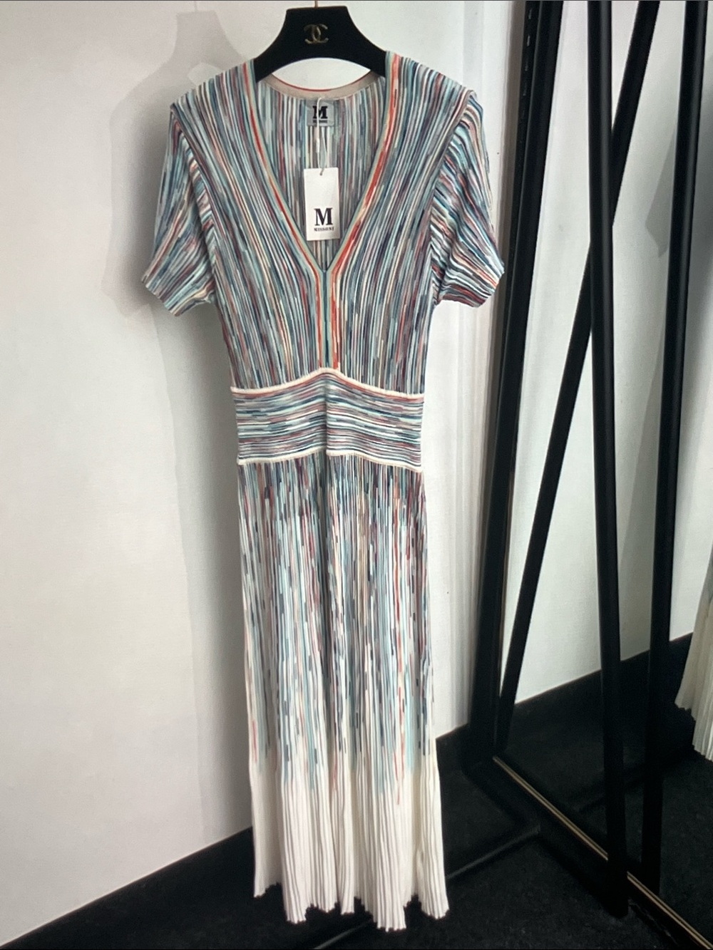 Missoni Multicolor Striped V-Neck Pleated Midi Dress